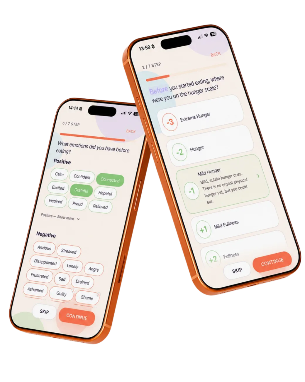Two Nyami app screens showing hunger and emotion tracking