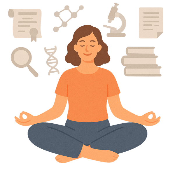 Playful science-themed illustration representing Nyami’s mindful approach